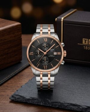 Tissot Dual Tone Black Dial Watch For Men 45