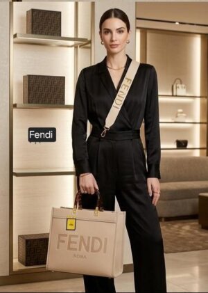 FENDI LARGE SUNSHINE TOTE BAG WITH FENDI METAL INITIAL ON SLING BELT 142